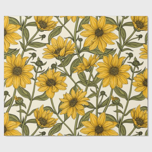 Papier Cadeau Sunroot, tournesol sauvage sur blanc (Plat)