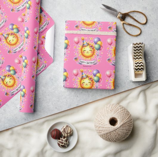 Papier Cadeau Sunshine Nom personnalisé Joyeux Anniversaire rose (Artisanat)