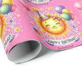 Papier Cadeau Sunshine Nom personnalisé Joyeux Anniversaire rose (Coin rond)