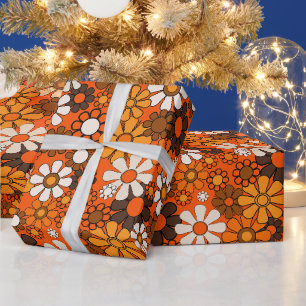Papier Cadeau Super les années 70 rétro Floral Orange et Motif B
