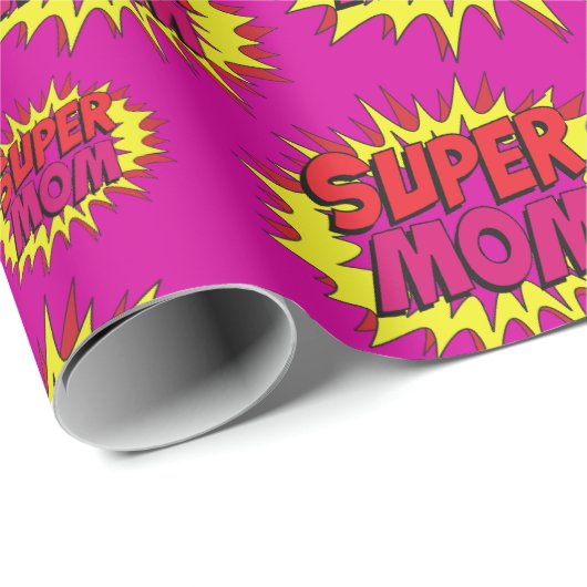 Papier Cadeau Super Maman sur Fuchsia (Coin rond)