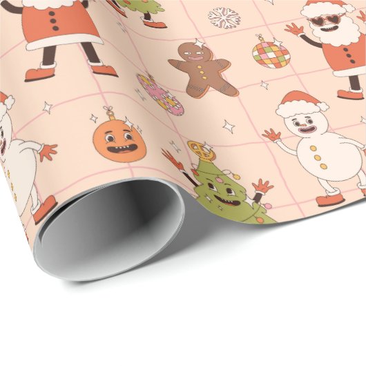 Papier Cadeau Super Père Noël Retro Snowman Noël Tree (Coin rond)