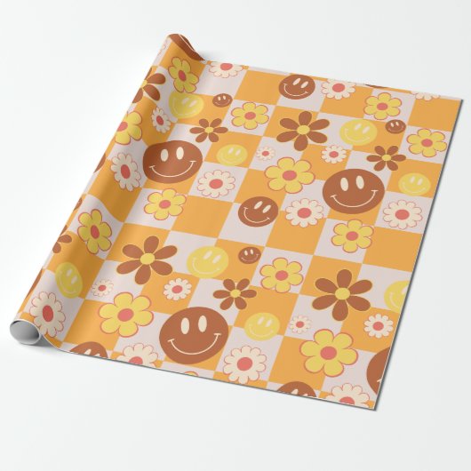 Papier Cadeau Super psychédélique Retro Smiley Checkerboard, (Déroulé)
