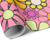 Papier Cadeau Super rétro 60s les années 70 hippie rose floral m (Coin rond)