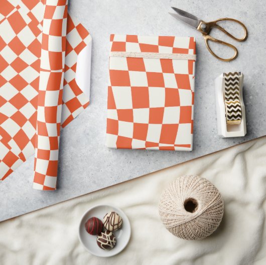 Papier Cadeau super rétro mignon orange ondulé à damiers (Artisanat)