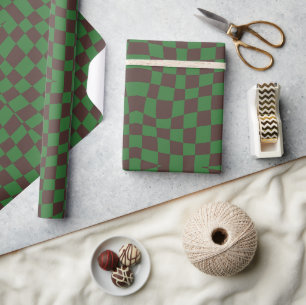 Papier Cadeau super rétro vert brun élégant à damiers ondulé