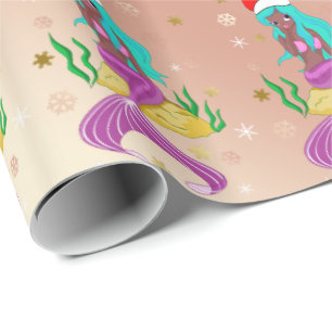 Papier Cadeau Superbe sirène de Noël flocons de neige or motif