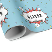 Papier Cadeau Superhero Comic Speech Bubble Boy Name (Coin rond)