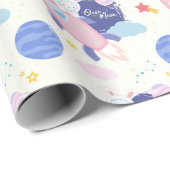 Papier Cadeau Sur la lune avec un astronaute lapin mignon (Coin rond)