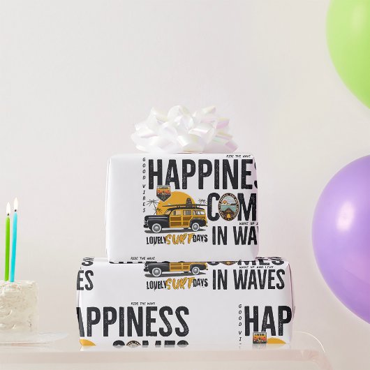 Papier Cadeau Surf Van Beach Quote Happiness Comes in Waves