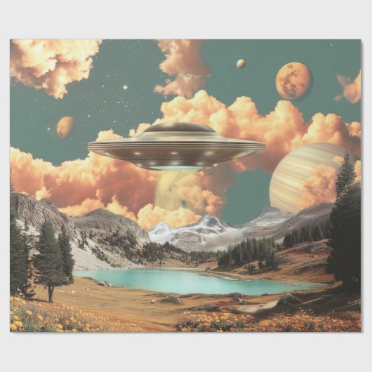 Papier Cadeau Surreal UFO Above Mountain Lake with Planets (Plat)