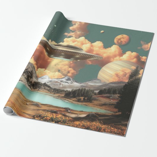 Papier Cadeau Surreal UFO Above Mountain Lake with Planets (Déroulé)