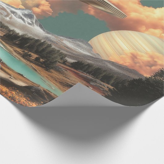 Papier Cadeau Surreal UFO Above Mountain Lake with Planets (Coin)
