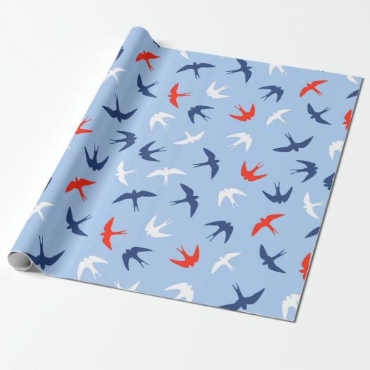 Papier Cadeau Swallow Birds Sky Flight Motif Bleu Rouge Blanc (Déroulé)