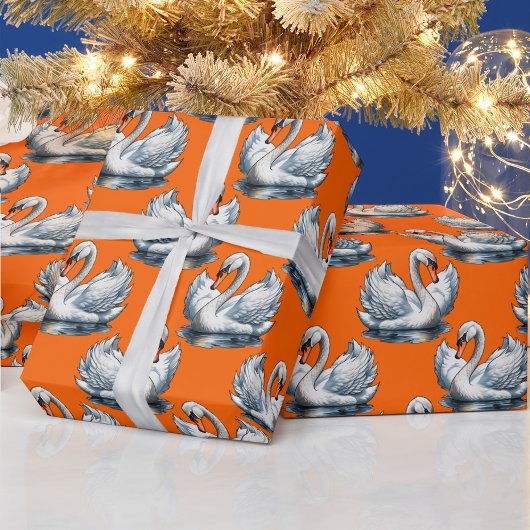 Papier Cadeau Swan Birds Pattern Design On Orange 