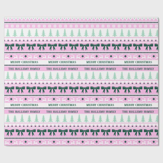 Papier Cadeau Sweat moche de Noël Nom de famille rose et vert (Plat)