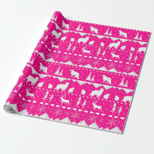 Papier Cadeau Sweater nordique Animaux d'hiver roses et blancs c
