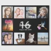 Papier Cadeau Sweet 16 noir argent collage photo (Plat)