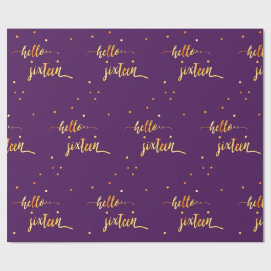 Papier Cadeau Sweet 16 or violet bonjour seize script (Plat)