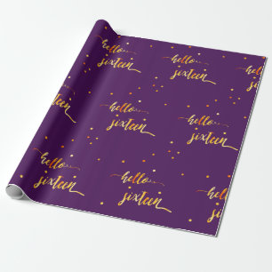 Papier Cadeau Sweet 16 or violet bonjour seize script
