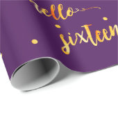 Papier Cadeau Sweet 16 or violet bonjour seize script (Coin rond)