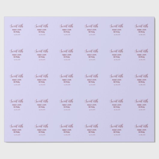 Papier Cadeau Sweet 16th birthday purple pastel mauve retro name (Plat)