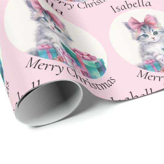 Papier Cadeau Sweet Christmas Kitten Big Pink Bow Add Name (Coin rond)
