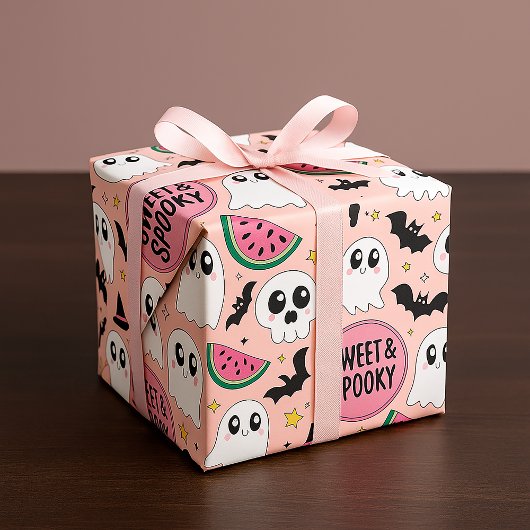 Papier Cadeau "Sweet & Éffrayant" Fantômes d'Halloween et pastèq