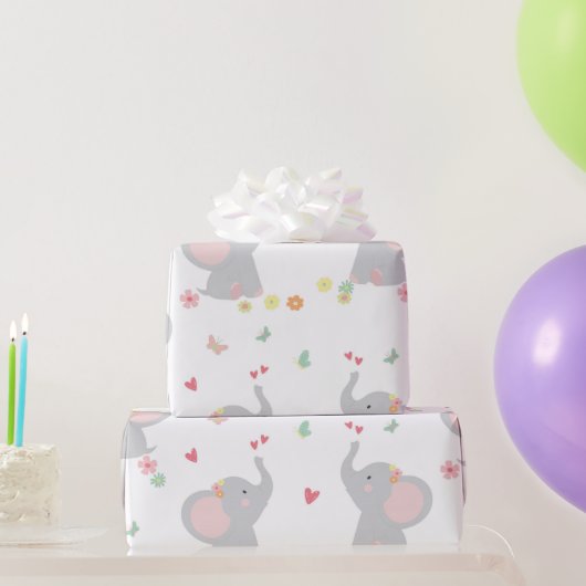 Papier Cadeau Sweet Elephants Coeurs bébé fille (Cadeaux de fête)