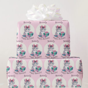 Papier Cadeau Sweet Kitten Big Pink Bow Ajouter Anniversaire Nom