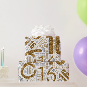 Papier Cadeau Sweet sixteen Sparkle Word Cloud Gold White ID265