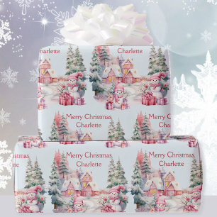 Papier Cadeau Sweet Snowmen in Pastels Ajouter Nom de la fille N