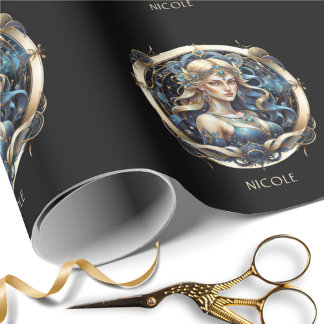 Papier Cadeau Symbole cosmique du Zodiaque de Vierge Bleu Script