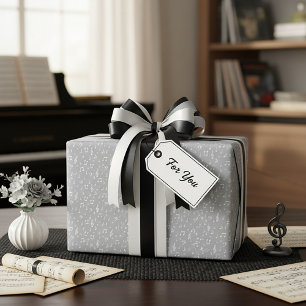 Papier Cadeau Symboles de musique gris et blanc, fond personnali