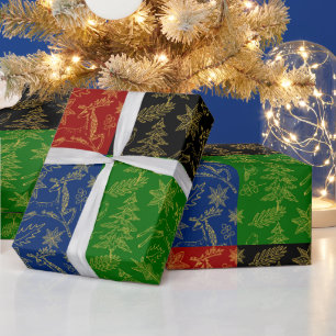 Papier Cadeau Symboles de Noël en or sur fond géométrique