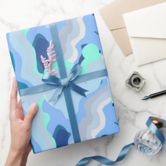 Papier Cadeau Symétrie Abstraite avec courbes de flux bleu