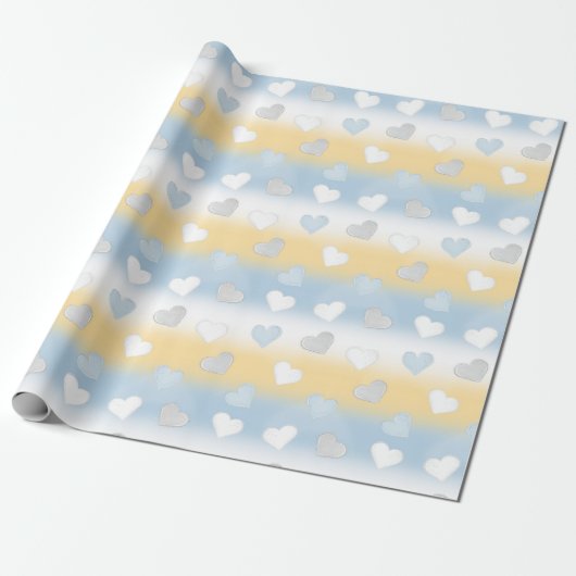 Papier Cadeau Sympathique Jaune, Blanc et Bleu Coeur Motif (Déroulé)