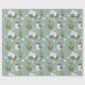 Papier Cadeau Symphorine blanche et branches de cèdre vert paste (Plat)