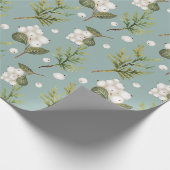 Papier Cadeau Symphorine blanche et branches de cèdre vert paste (Coin)