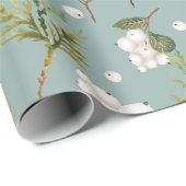Papier Cadeau Symphorine blanche et branches de cèdre vert paste (Coin rond)