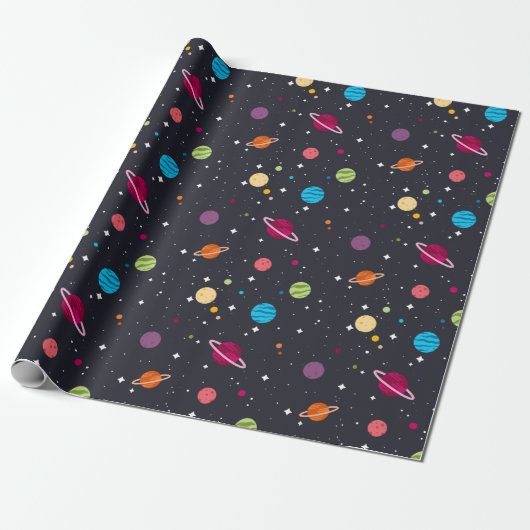 Papier Cadeau système solaire en noir (Déroulé)