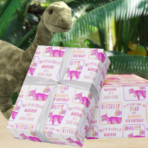 Papier Cadeau T-Rex Rose Ajouter Nom Et Âge Dinosaure Anniversai