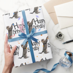 Papier Cadeau Tabby Cat avec texte d'anniversaire et Confetti