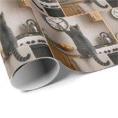 Papier Cadeau Tabby Cat Changing the Time On a Clock (Coin rond)