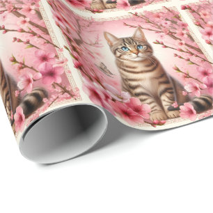 Papier Cadeau Tabby Chat Japonais Cerisier Fleur Kitten