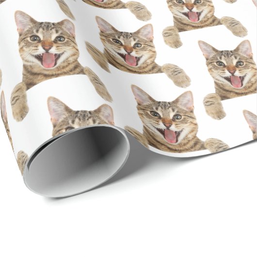 Papier Cadeau tabby chat souriant sur blanc (Coin rond)