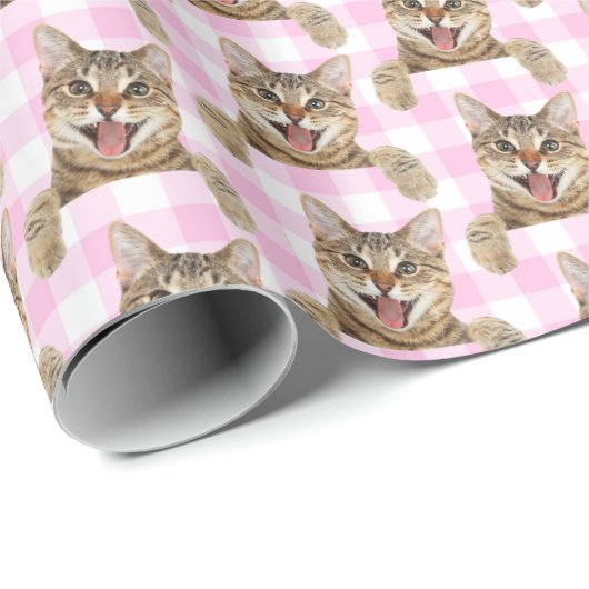 Papier Cadeau Tabby Chat Sur En vichy Rose (Coin rond)