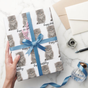 Papier Cadeau Tabby Kitten Anniversaire En Blanc