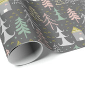 Papier Cadeau Tableau noir Arbres de Noël et Maisons Jaune rose (Coin rond)