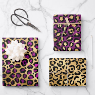 Papier Cadeau Taches de léopard en feuille de style violet et or